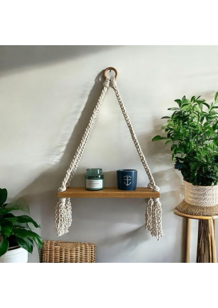 Makrome Askılı Minimal Raf, Pinterest Tarzı Ahşap Raf, Dekoratif Duvar Rafı,