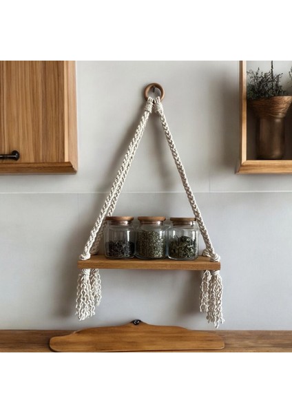 Makrome Askılı Minimal Raf, Pinterest Tarzı Ahşap Raf, Dekoratif Duvar Rafı,