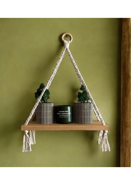 Makrome Askılı Minimal Raf, Pinterest Tarzı Ahşap Raf, Dekoratif Duvar Rafı, indirimleri