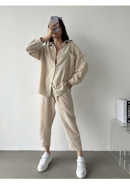 Kadın Oversize Keten Gömlek Pantolon Alt Üst Takım
