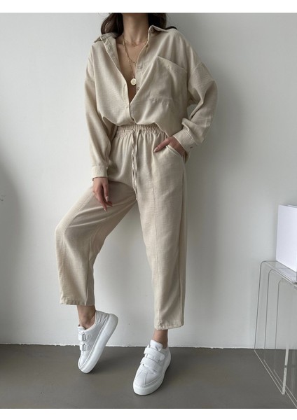 Kadın Oversize Keten Gömlek Pantolon Alt Üst Takım