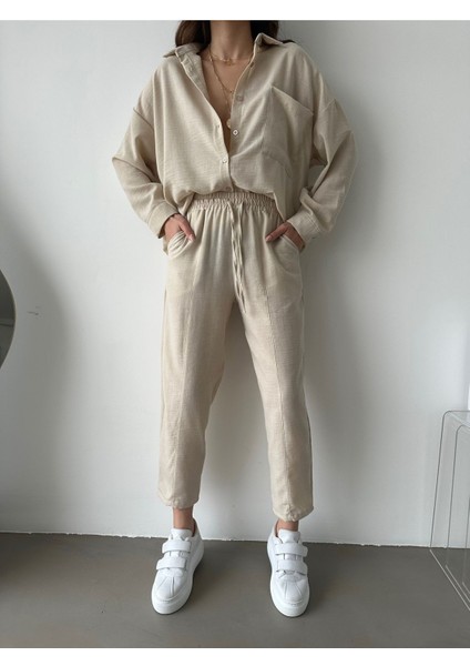 Kadın Oversize Keten Gömlek Pantolon Alt Üst Takım