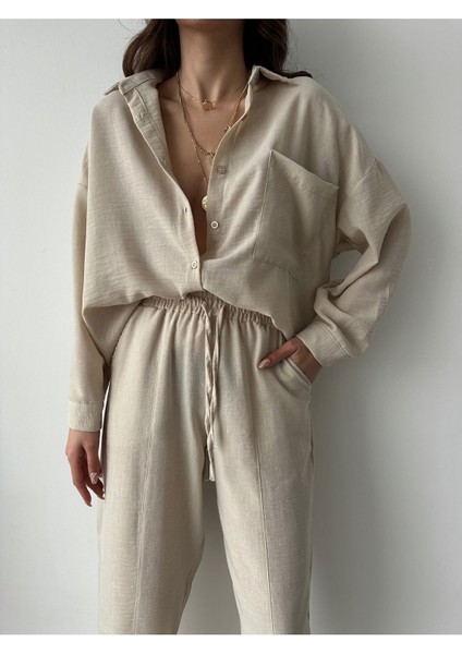 Kadın Oversize Keten Gömlek Pantolon Alt Üst Takım