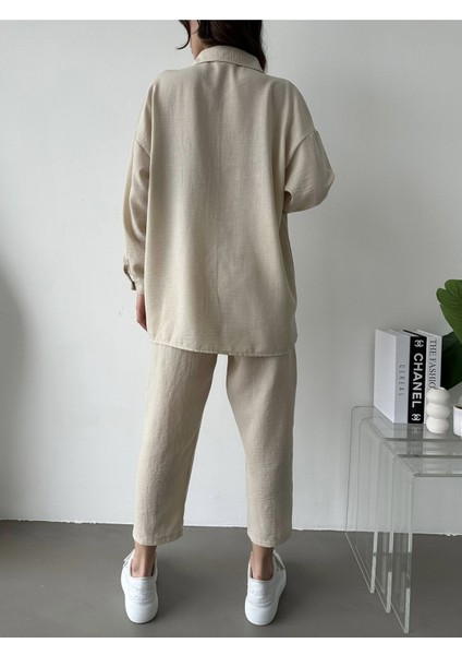 Kadın Oversize Keten Gömlek Pantolon Alt Üst Takım