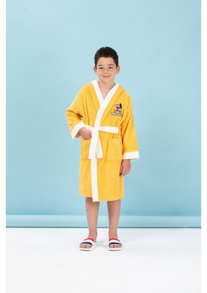 Mickey Mouse Happy Nakışlı Disney Kapüşonlu Çocuk Bornozu 9/10 Yaş