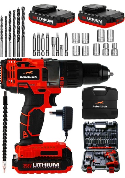 Germany 398 V 40 Ah Metalic Cool Series Darbeli Metal Şanzıman Çift Akülü Vidalama Matkap + 27 Parça Setli