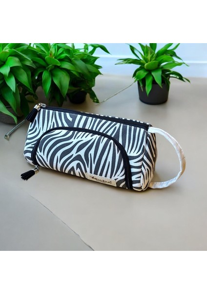 Ilgaz Zebra Desenli Büyük Organik Kanvas Pamuk Bez Kumaş Kalem Kutusu Kalemlik Makyaj Çanta Lüks Son Moda Trend Premium Iki Bölmeli Yeni Sezon Hediye El Yapımı Çok Fonksiyonlu