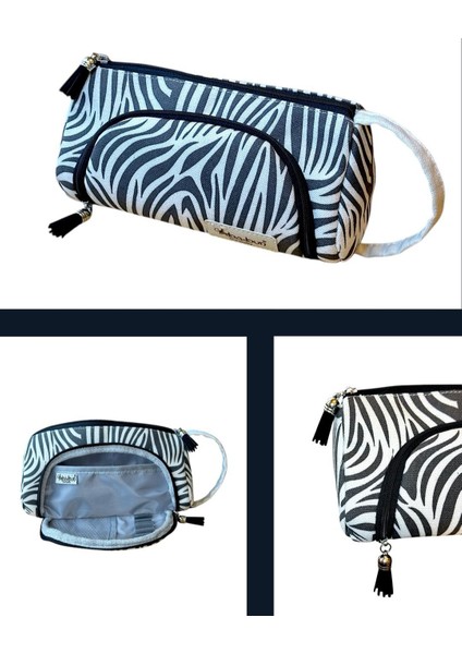 Ilgaz Zebra Desenli Büyük Organik Kanvas Pamuk Bez Kumaş Kalem Kutusu Kalemlik Makyaj Çanta Lüks Son Moda Trend Premium Iki Bölmeli Yeni Sezon Hediye El Yapımı Çok Fonksiyonlu fırsatları