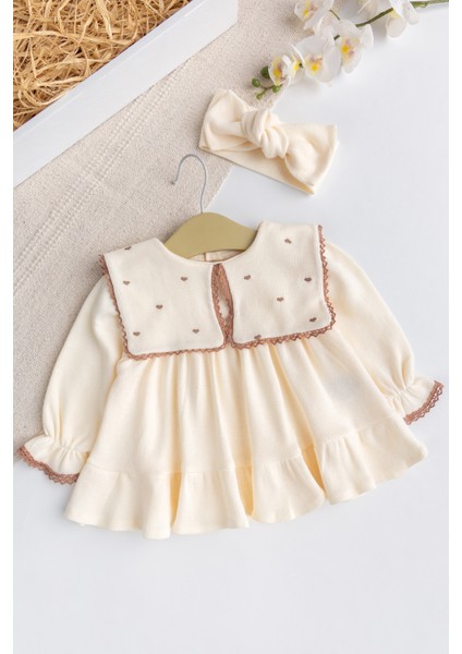 Kare Mendil Yakalı %100 Pamuk Kalp Nakışlı Bandanalı Kız Bebek Elbise Dogumğünü Özelğün Takım