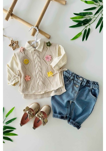 Lüx Çiçek Detaylı Triko 3 Parça Kız bebe takım - Bej