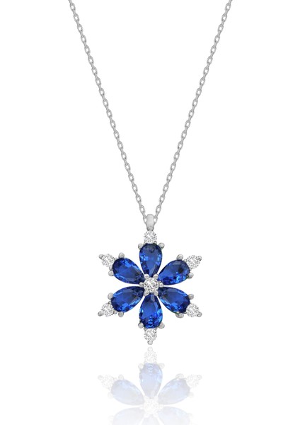 Gümüş Lotus Çiçeği Kolye Safir Taşlı 925 Ayar ST198