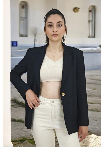 Astarlı Kol Ağzı Yırtmaç Detaylı Torba Cep Tek Düğme Kapama Mono Yaka Blazer Kadın Ceket indirimleri