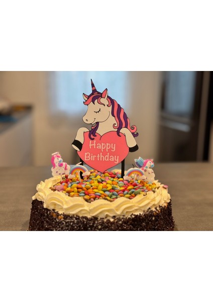 Unicorn Doğum Pasta Süsü - Happy Birthday Yazısı