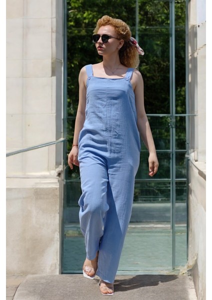 Yagmur Beren Kalın Askılı Düğme Iliklemeli Müslün Kumaş Kadın Salopet Tulum