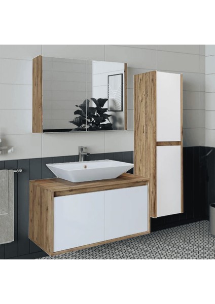 Banyo Dolabı Takımı Ahşap Beyaz Mat Renkli Mdf Lavabosuz Asma Dolap-Banyo Dolabı-Aynalı Üst Dolap