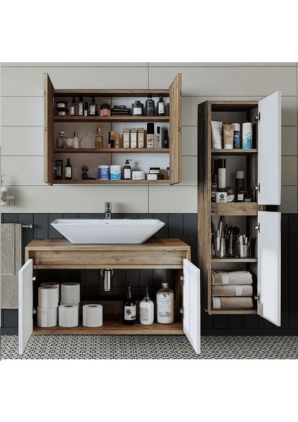 Banyo Dolabı Takımı Ahşap Beyaz Mat Renkli Mdf Lavabosuz Asma Dolap-Banyo Dolabı-Aynalı Üst Dolap modelleri