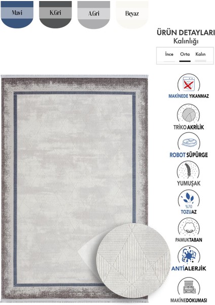 Dream Gri Halı Lacivert Kenar Çerçeveli Geometrik Detaylı Akrilik Tozuaz Modern Salon Halısı