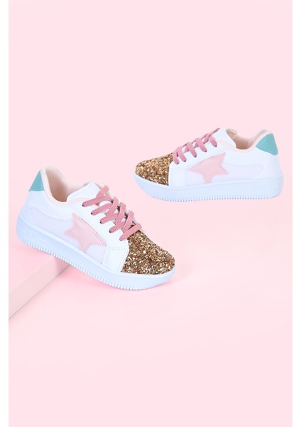 Kız Çocuk Beyaz Spor Ayakkabısı Yıldızlı Gümüş/altın Pullu Renkli Bağcıklı Sneaker