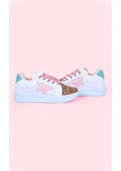 Kız Çocuk Beyaz Spor Ayakkabısı Yıldızlı Gümüş/altın Pullu Renkli Bağcıklı Sneaker fiyatları