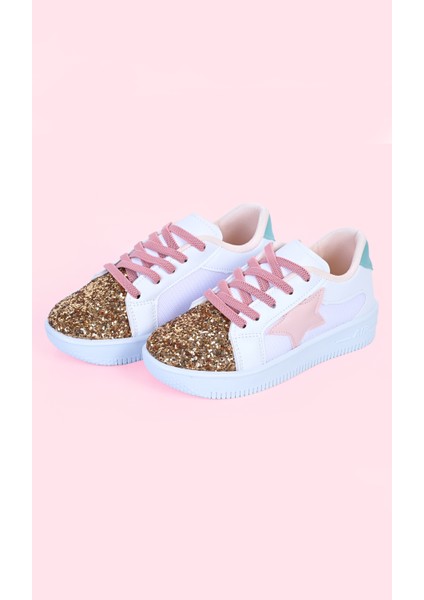 Kız Çocuk Beyaz Spor Ayakkabısı Yıldızlı Gümüş/altın Pullu Renkli Bağcıklı Sneaker modelleri