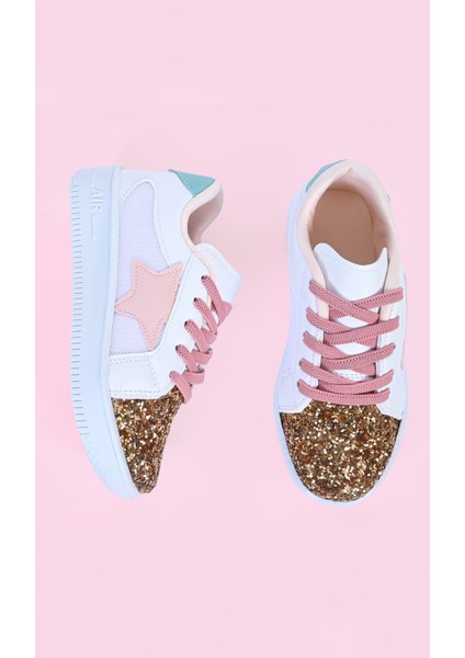 Kız Çocuk Beyaz Spor Ayakkabısı Yıldızlı Gümüş/altın Pullu Renkli Bağcıklı Sneaker fırsatları