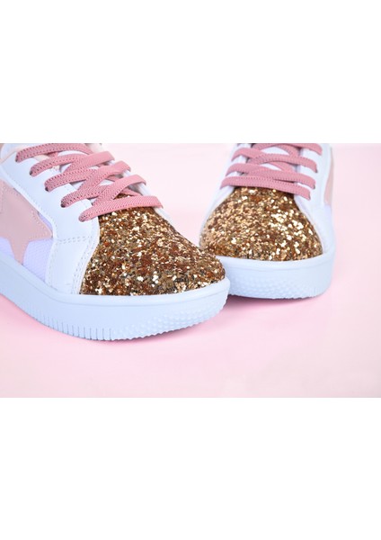 Kız Çocuk Beyaz Spor Ayakkabısı Yıldızlı Gümüş/altın Pullu Renkli Bağcıklı Sneaker indirimleri