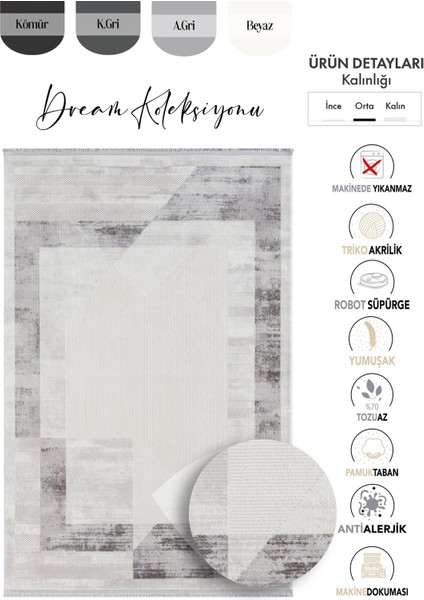 Dream Gri Halı Antrasit Geometrik Detaylı Akrilik Tozuaz Modern Salon Halısı Yatak Odası