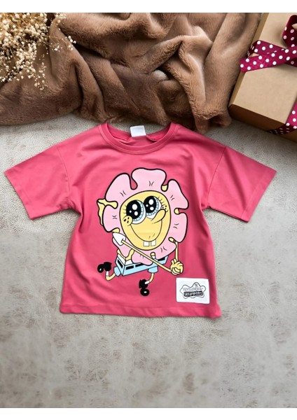 Sünger Bob ve Çiçek Baskılı Kız Bebek Çocuk Yazlık T-Shirt
