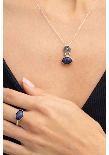 Safir Taşlı Antik Elişi Gümüş Set 2839