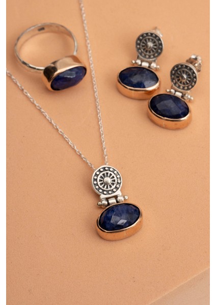 Safir Taşlı Antik Elişi Gümüş Set 2839