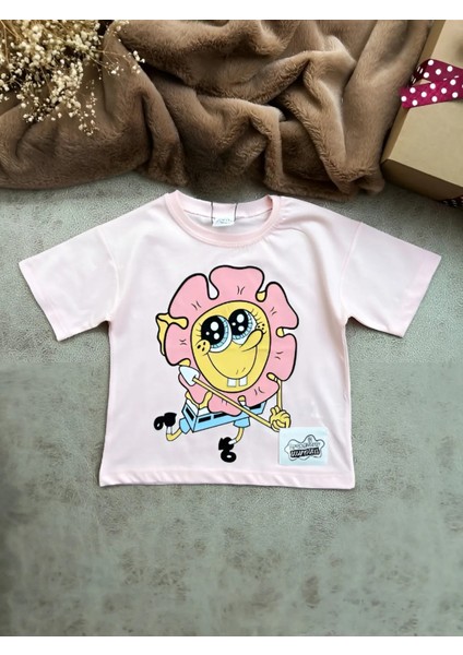 Sünger Bob ve Çiçek Baskılı Kız Bebek Çocuk Yazlık T-Shirt