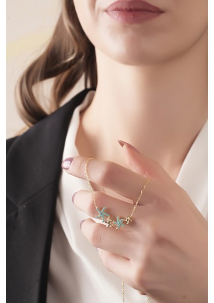 925 Ayar Gümüş,gold Kaplamalı, Mavi Taşlı ,deniz Yıldızı Kolye