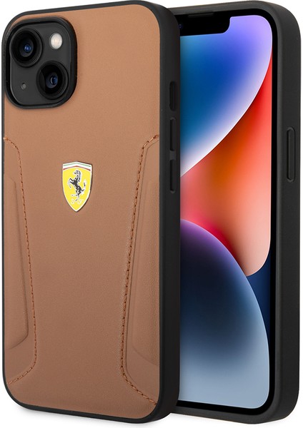 iPhone 14 Kılıf Ferrari Orjinal Lisanslı Deri Kenarları Damgalı Dizayn Kapak Kahverengi