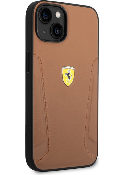 iPhone 14 Kılıf Ferrari Orjinal Lisanslı Deri Kenarları Damgalı Dizayn Kapak Kahverengi modelleri
