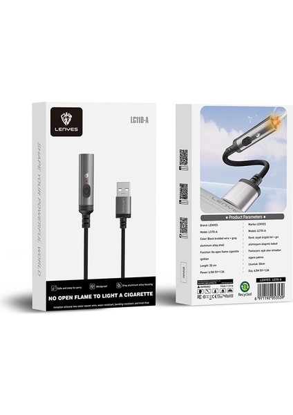 Type-C Portlu Elektronik Çakmak Lenyes LC110-TC Bükülme ve Aşınmaya Dayanıklı 30CM Gri