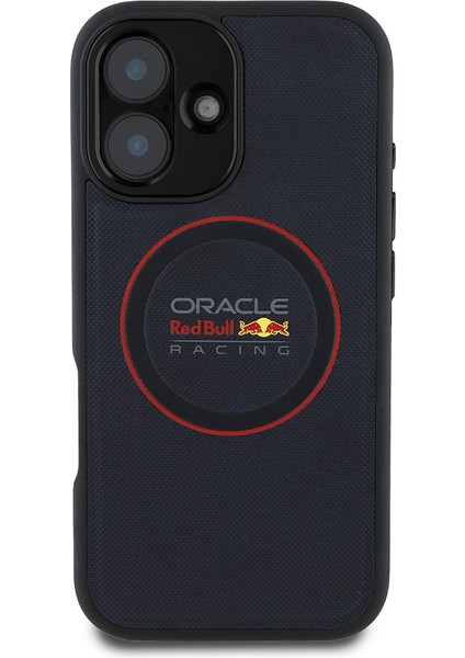 iPhone 16 Kılıf Redbull Lisanslı Magsafe Uyumlu Kırmızı Halka ve Logolu Pu Deri Kapak Lacivert