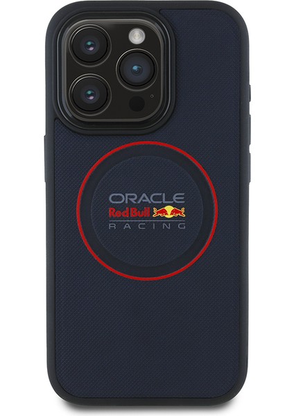iPhone 15 Pro Max Kılıf Redbull Lisanslı Magsafe Uyumlu Kırmızı Halka ve Logolu Deri Kapak Lacivert