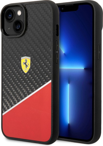 iPhone 14 Plus Kılıf Ferrari Orjinal Lisanlı Klasik Metal Logolu Karbon Şerit Desenli Kapak Kırmızı