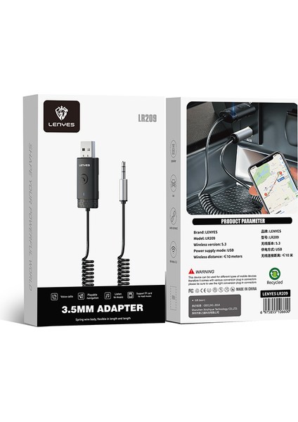 LR209 Spiral Kablolu Dahili Mikrofonlu Kablosuz Ses Alıcı Aux Bluetooth Adaptör Siyah