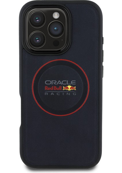 iPhone 16 Pro Max Kılıf Redbull Lisanslı Magsafe Uyumlu Kırmızı Halka ve Logolu Deri Kapak Lacivert
