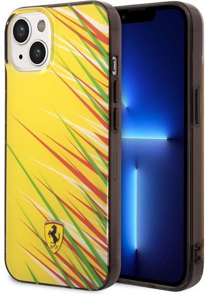 iPhone 14 Kılıf Ferrari Orjinal Lisanslı Baskı Logolu Çimen Desenli Kapak Sarı