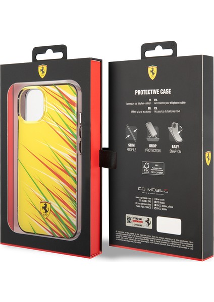 iPhone 14 Kılıf Ferrari Orjinal Lisanslı Baskı Logolu Çimen Desenli Kapak Sarı