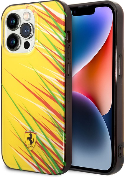 iPhone 14 Pro Max Kılıf Ferrari Orjinal Lisanslı Baskı Logolu Çimen Desenli Kapak Sarı