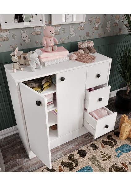 Neva Mdf 2 Kapaklı 3 Çekmeceli Çok Amaçlı Dolap Banyo, Oyuncak Dolabı, Mutfak, Kahve Köşesi ,çocuk Elbise Dolabı -Soft Beyaz,sertifikalı Malzeme