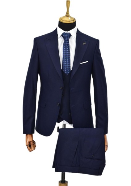 Erkek Lacivert Silim Fitt Yelekli Takım Elbise BGL-ST04304