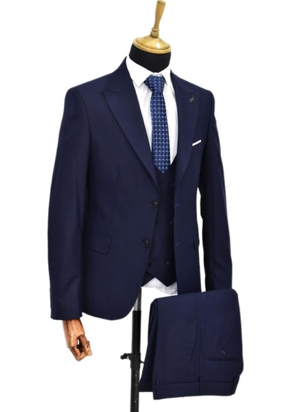 Erkek Lacivert Silim Fitt Yelekli Takım Elbise BGL-ST04304 modelleri