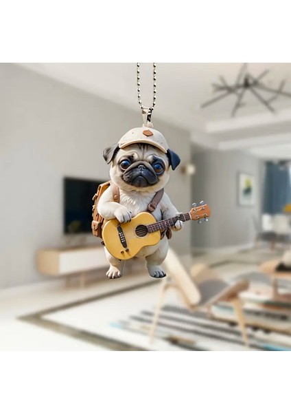 Gitarlı Pug 2 Boyutlu Akrilik Dikiz Aynası Süsü 8X6CM