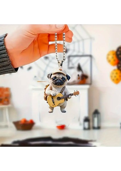 Gitarlı Pug 2 Boyutlu Akrilik Dikiz Aynası Süsü 8X6CM
