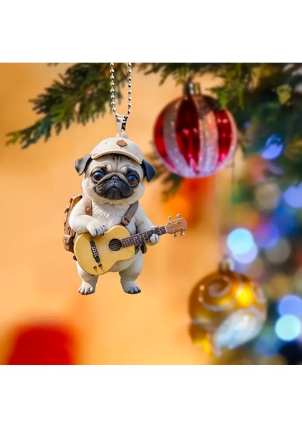 Gitarlı Pug 2 Boyutlu Akrilik Dikiz Aynası Süsü 8X6CM