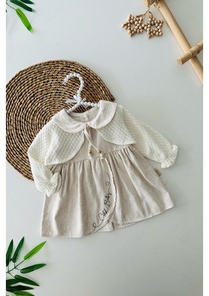 Asimetrik Kesim Elbise ve Bolerolu Kız bebe takım - Krem